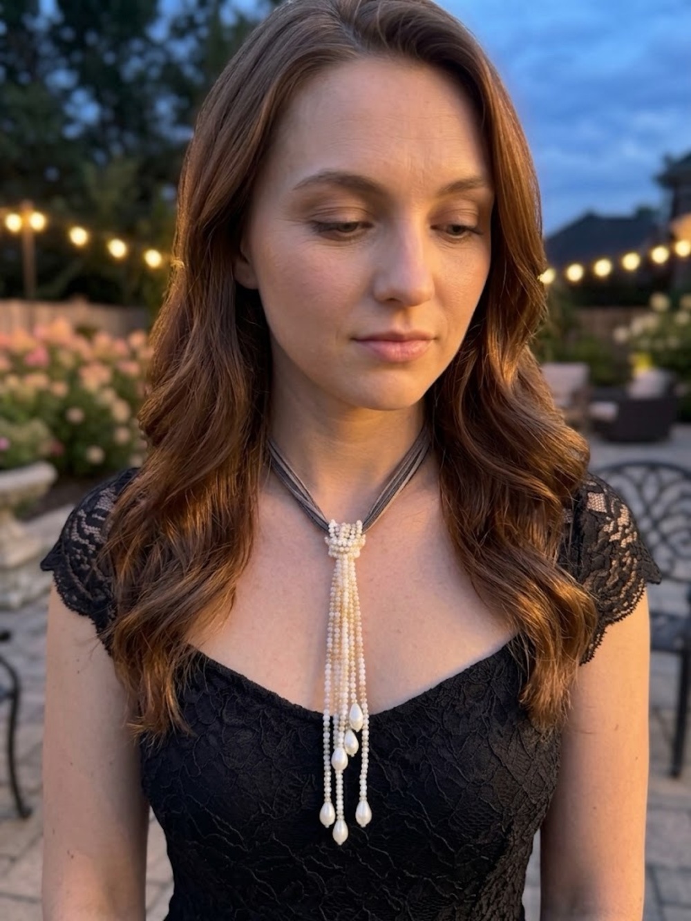 Beaded Tassel Lariat Necklace in Ivory and Gray